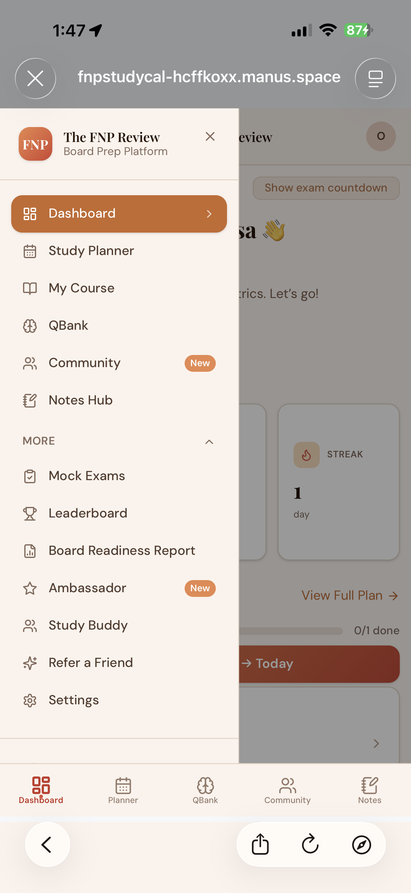 The FNP Review Board Prep Platform mobile app showing Dashboard, Study Planner, QBank, Community, and Notes Hub navigation