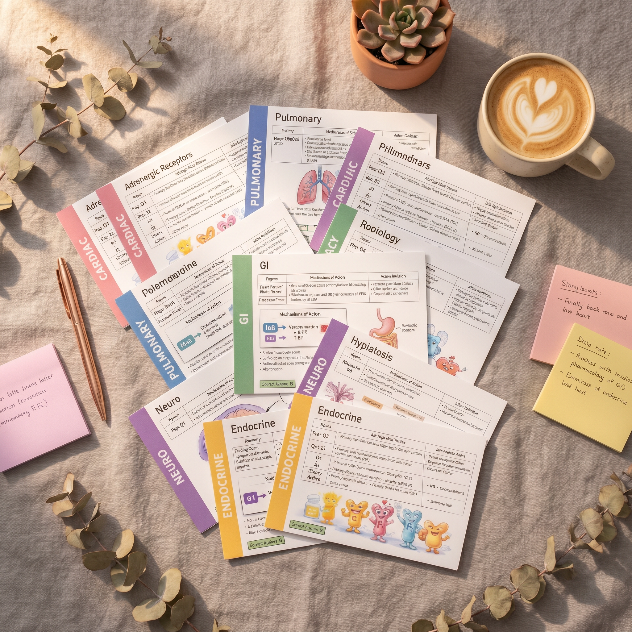 FNP Pharmacology Flashcards scattered on linen — Cardiac, Pulmonary, GI, Neuro, Endocrine system cards with illustrated icons and coffee