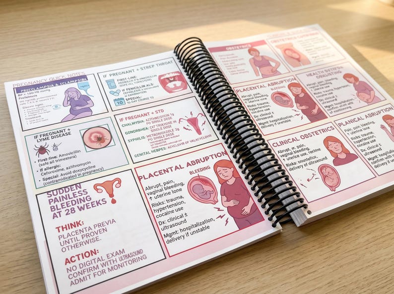 3P FNP Review Book open to Obstetrics section — Pregnancy Quick Notes, Placental Abruption, and Clinical Obstetrics with colorful illustrated panels