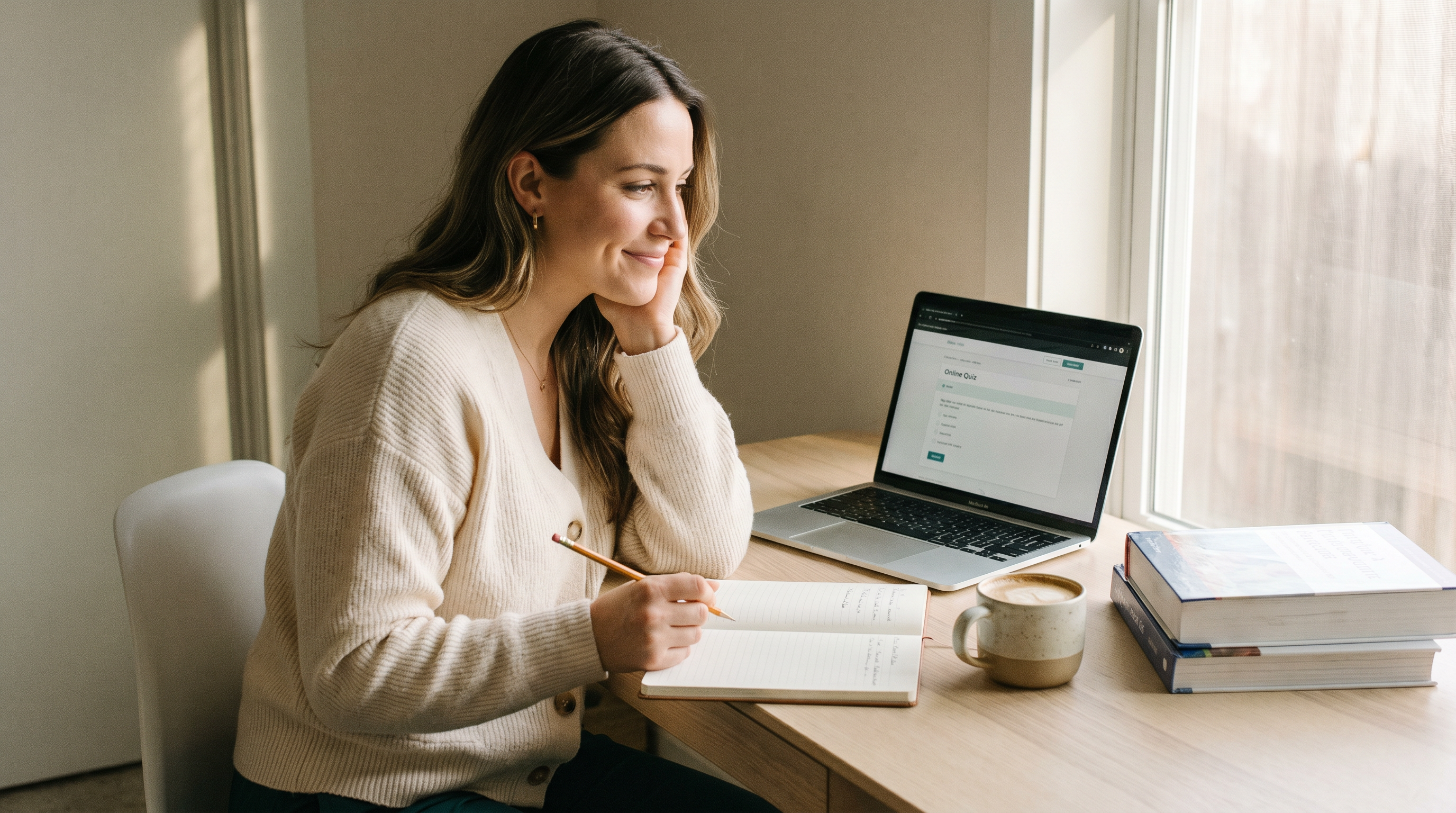FNP student smiling while studying on laptop with open notebook, coffee, and books on desk by window