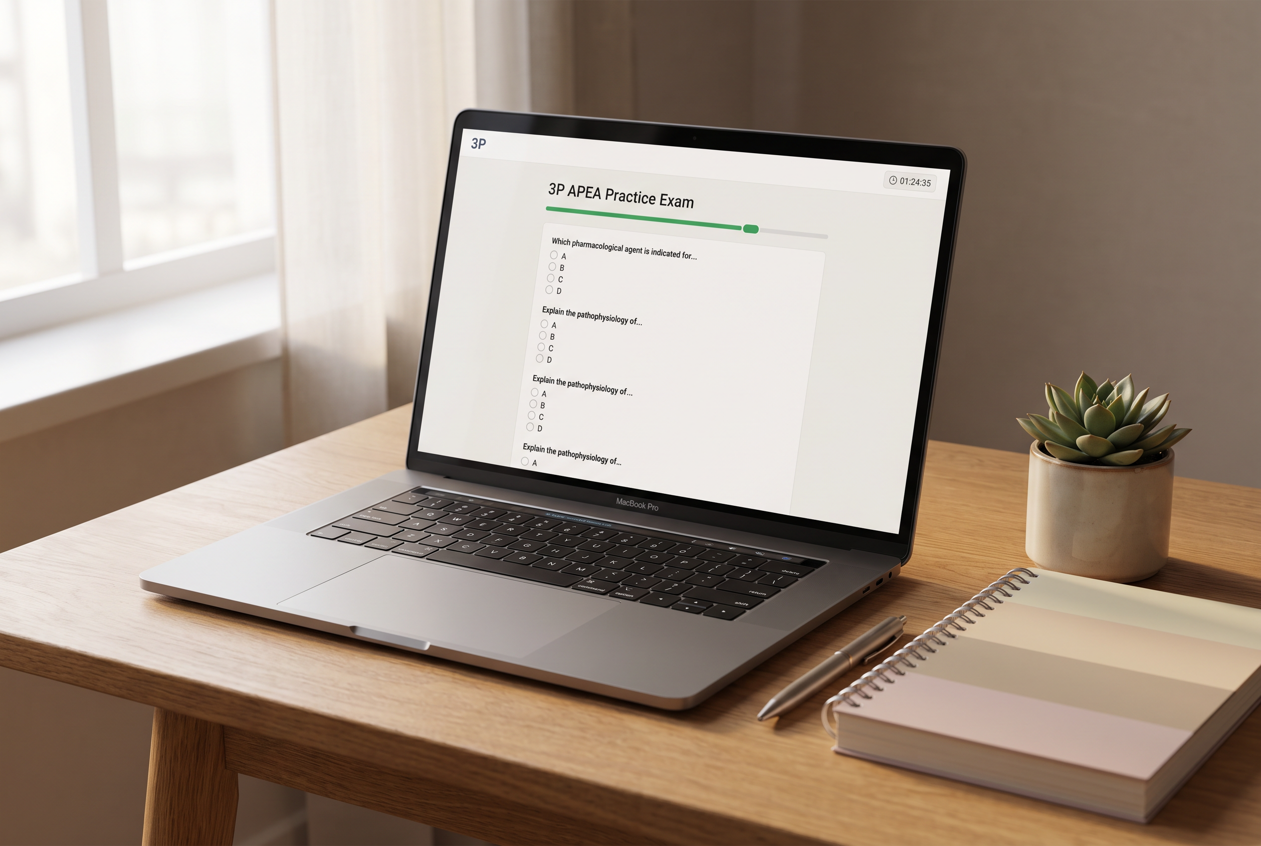 3P APEA Practice Exam on MacBook Pro screen — 75-question timed exam interface with progress bar