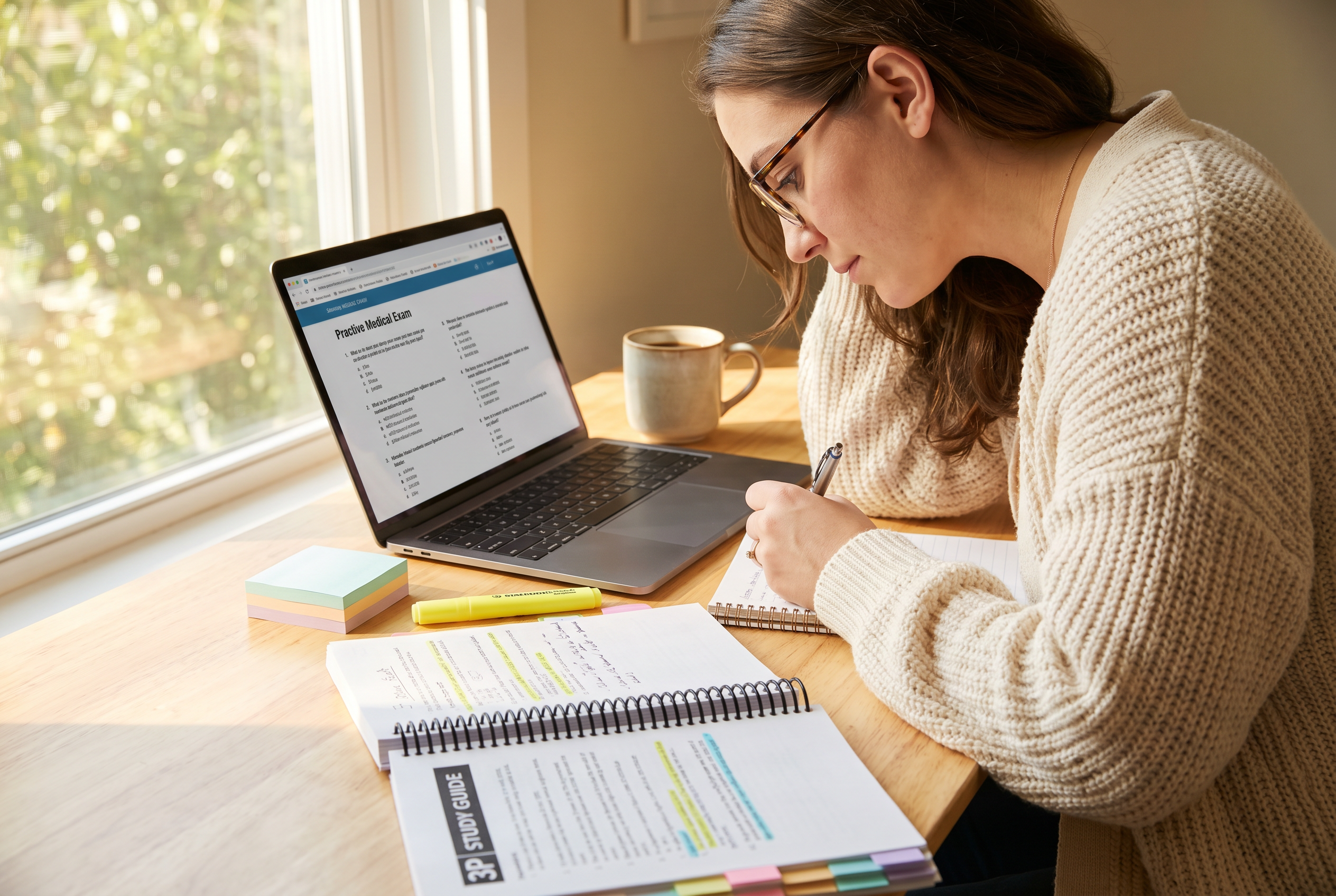 NP student studying with laptop showing practice exam and open 3P spiral-bound study guide
