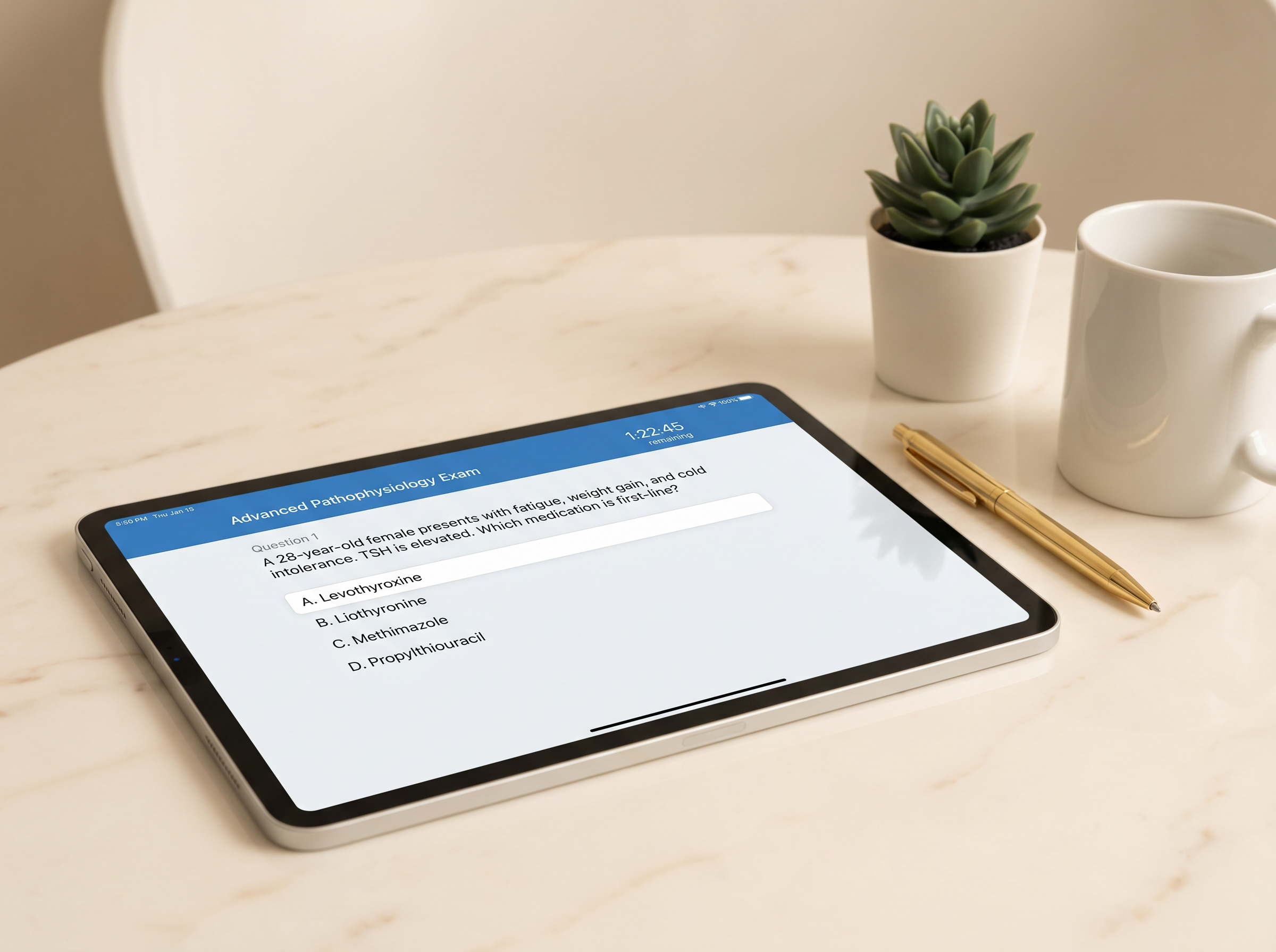 3P Practice Exam #2 on iPad — Advanced Pathophysiology question with 1:22:45 timer remaining