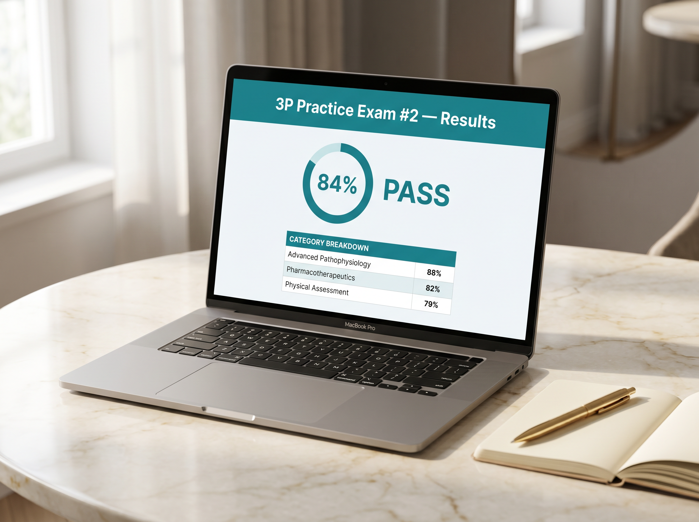3P Practice Exam #2 Results on MacBook — 84% PASS with category breakdown by section