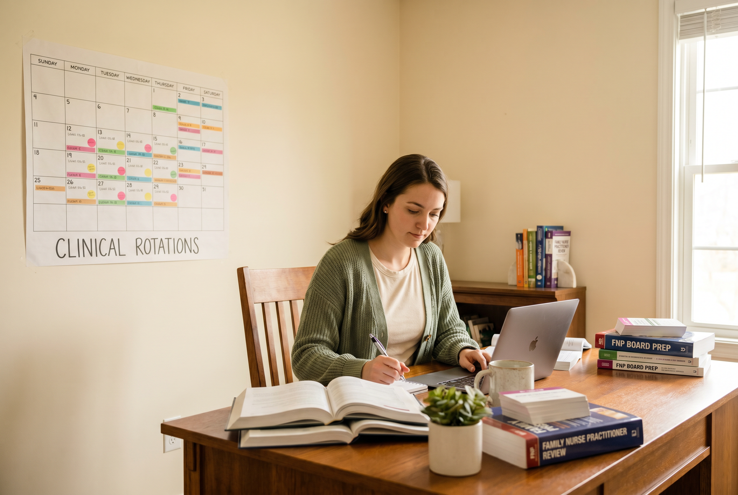 NP student studying with iPad showing timed board exam