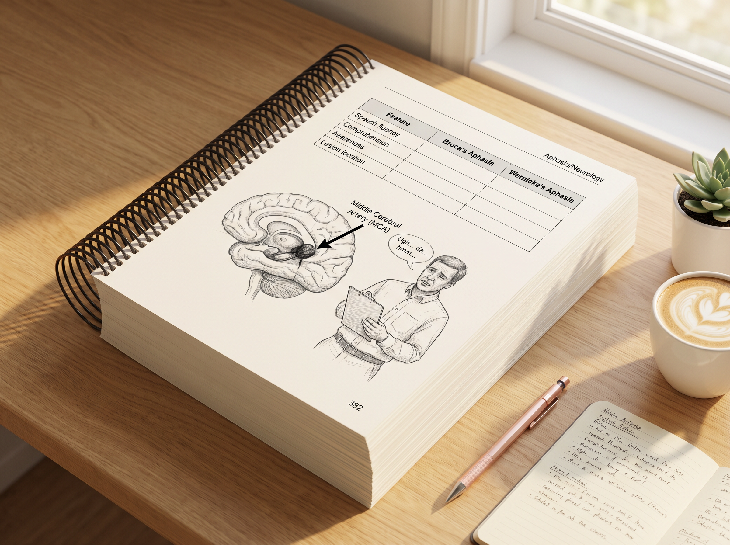 FNP Board Review Book open to Aphasia/Neurology page showing Broca's vs Wernicke's comparison table with brain illustration, page 382