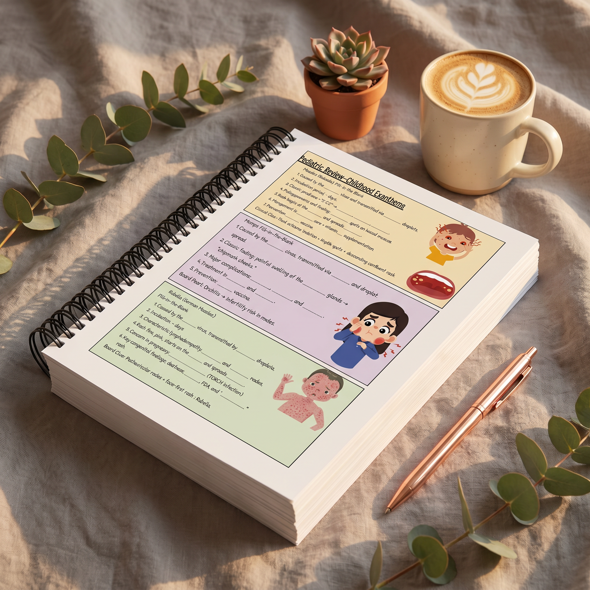 FNP Board Review Book open to Pediatric Review — Childhood Exanthems page with colorful illustrated fill-in sections, coffee and succulent