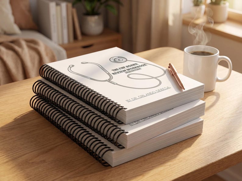 Stack of three FNP Board Review spiral-bound books on wooden desk with steaming coffee and rose gold pen
