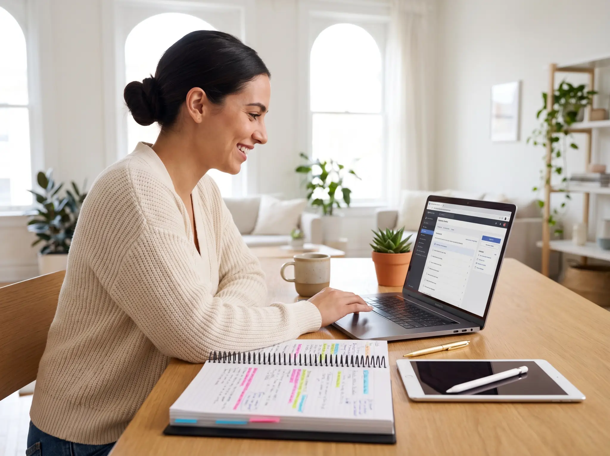 FNP student smiling while studying on laptop with highlighted spiral-bound workbook open on desk