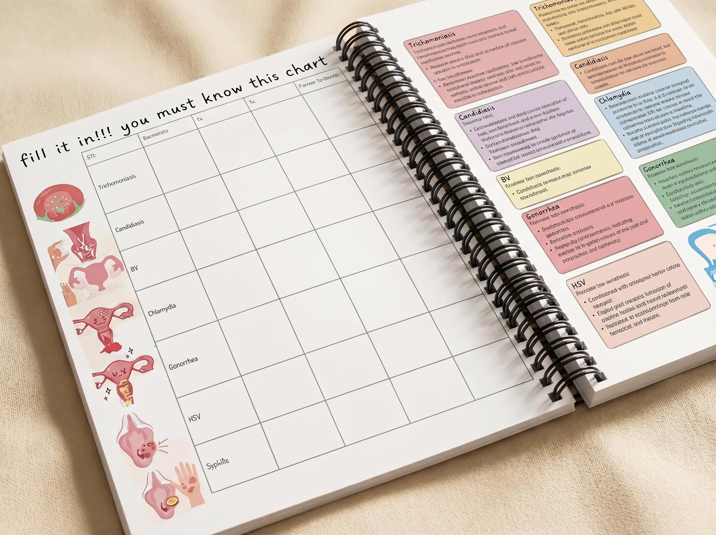 FNP Workbook open to STI fill-in chart — Trichomoniasis, Candidiasis, BV, Gonorrhea, HSV, Syphilis with colorful illustrated icons