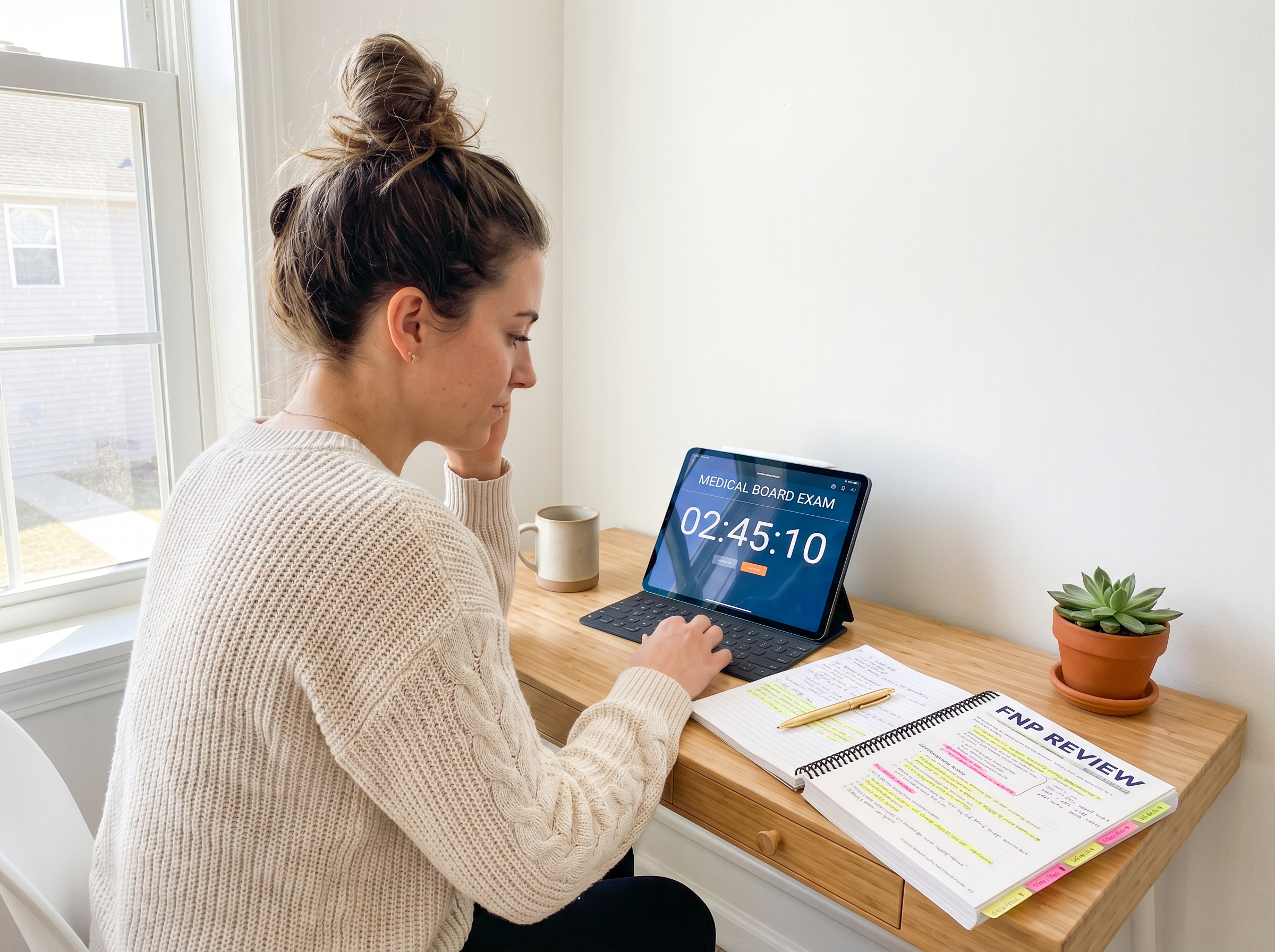 NP student studying at desk with iPad showing timed board exam