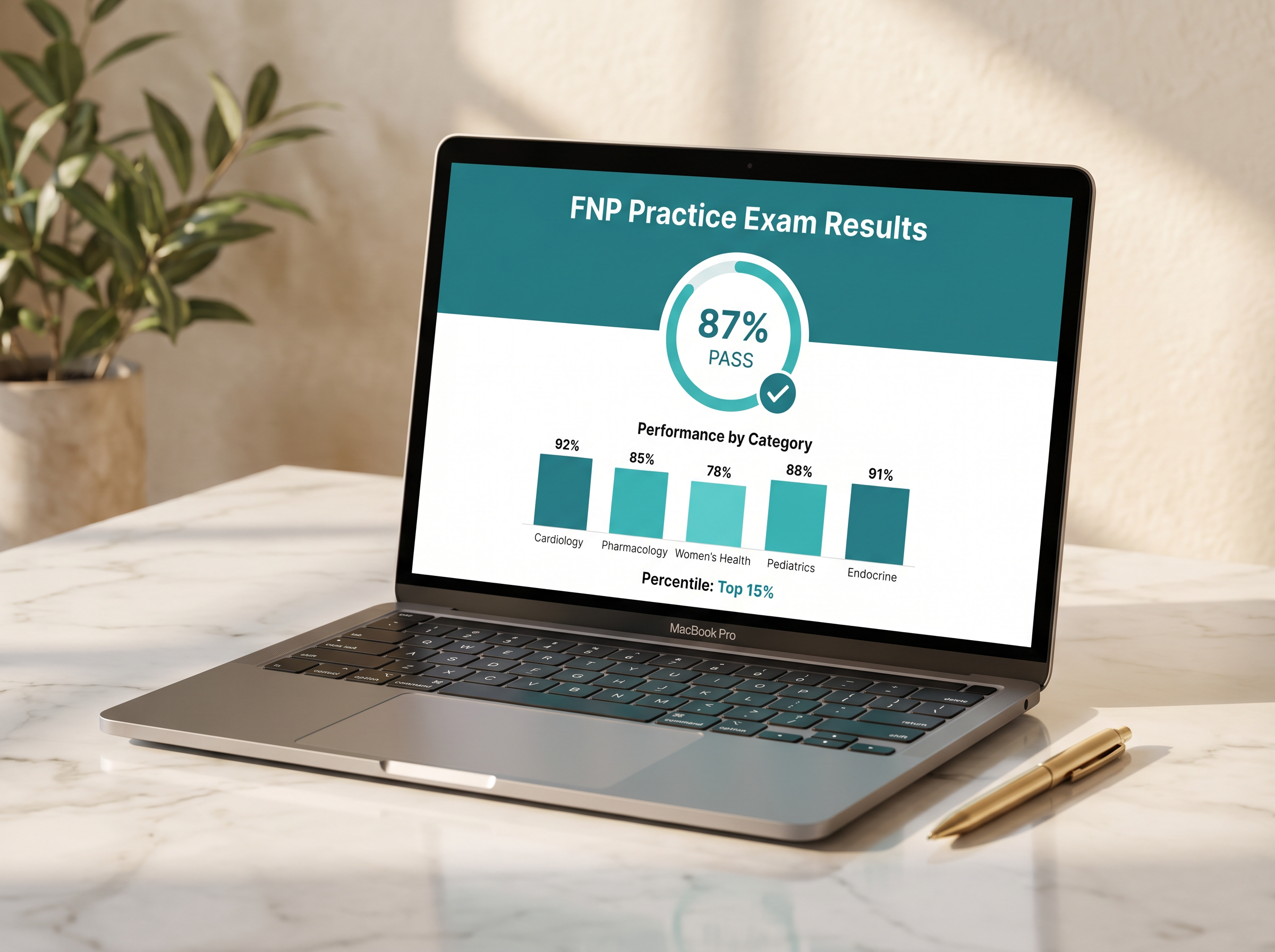 FNP Practice Exam Results showing PASS score with category performance breakdown