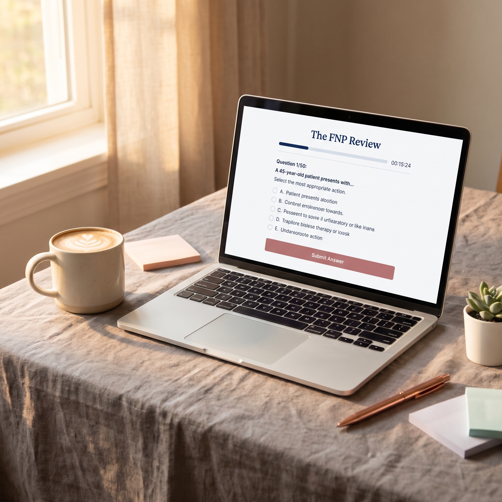 FNP Practice Exam on laptop — board-style question with timer and answer choices