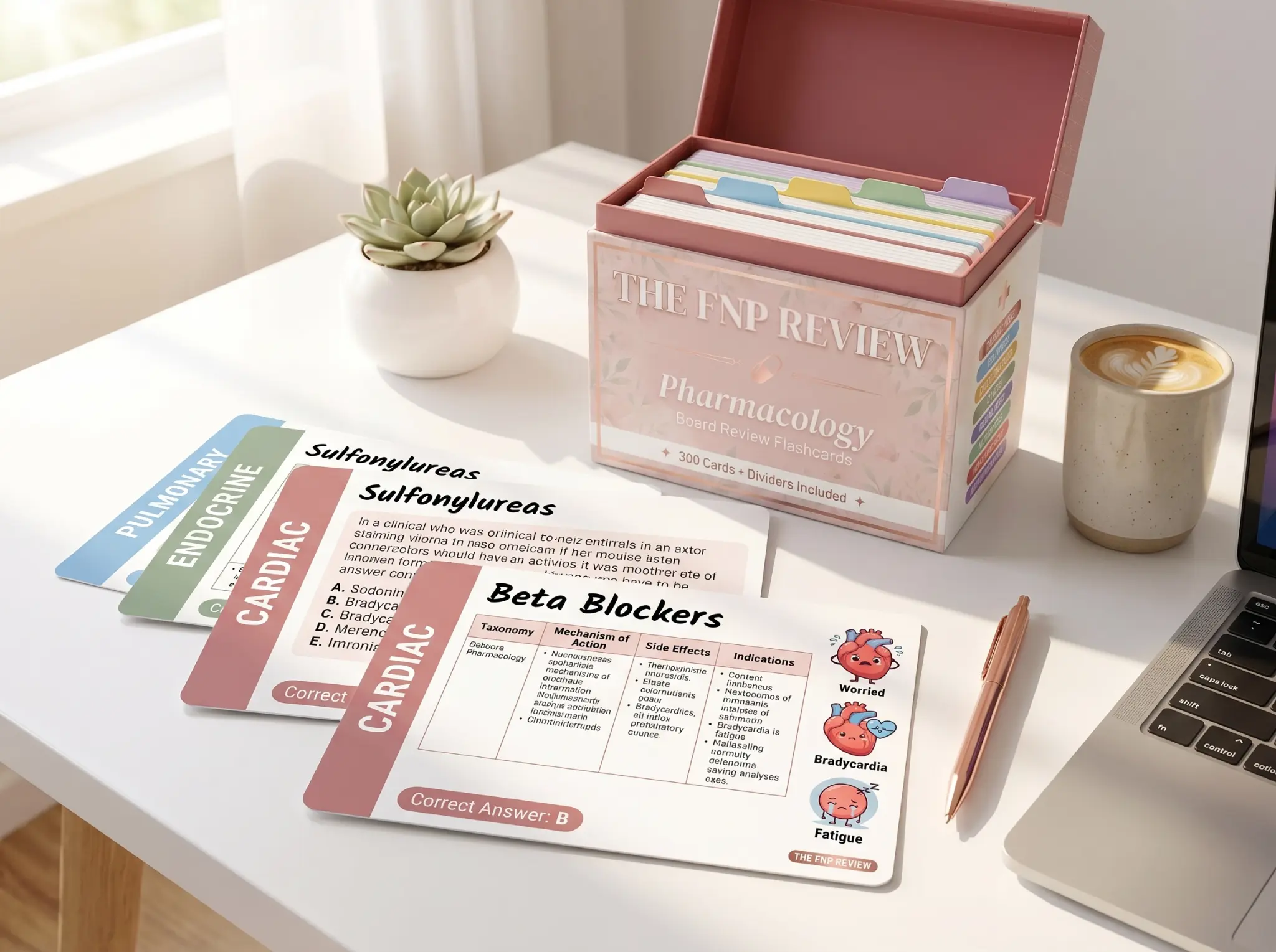FNP Review Pharmacology flashcard box lifestyle photo with coffee and succulent