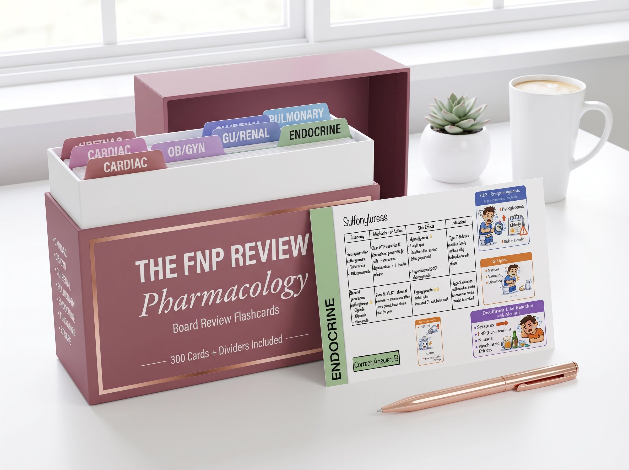The FNP Review Pharmacology box open with Sulfonylureas card displayed — board-style format