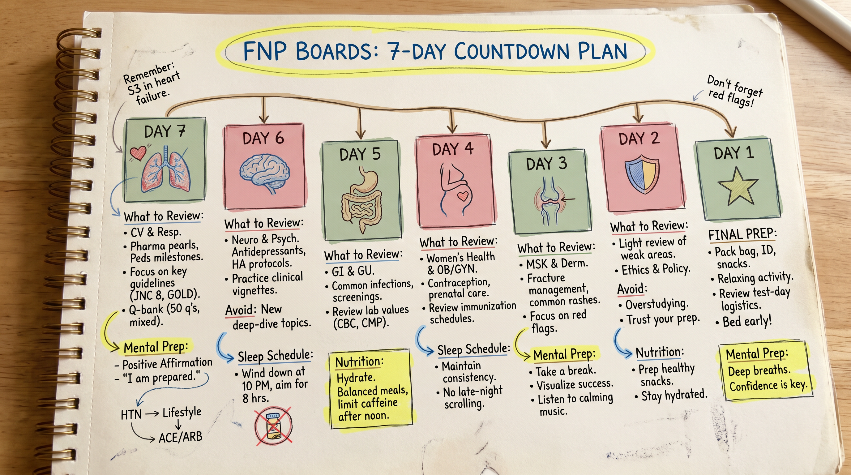 FNP Boards 7-Day Countdown Plan in spiral notebook — daily review schedule from Day 7 to Day 1 with mental prep and nutrition tips