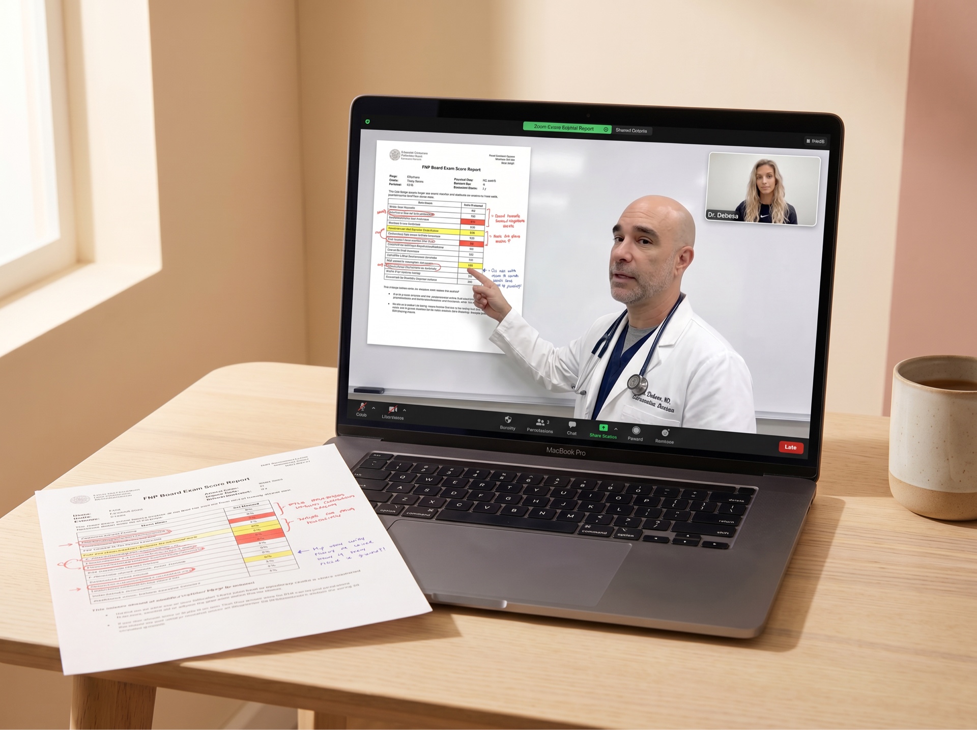 Dr. Debesa pointing at FNP Board Exam Score Report on Zoom screen while student's annotated score sheet sits on desk
